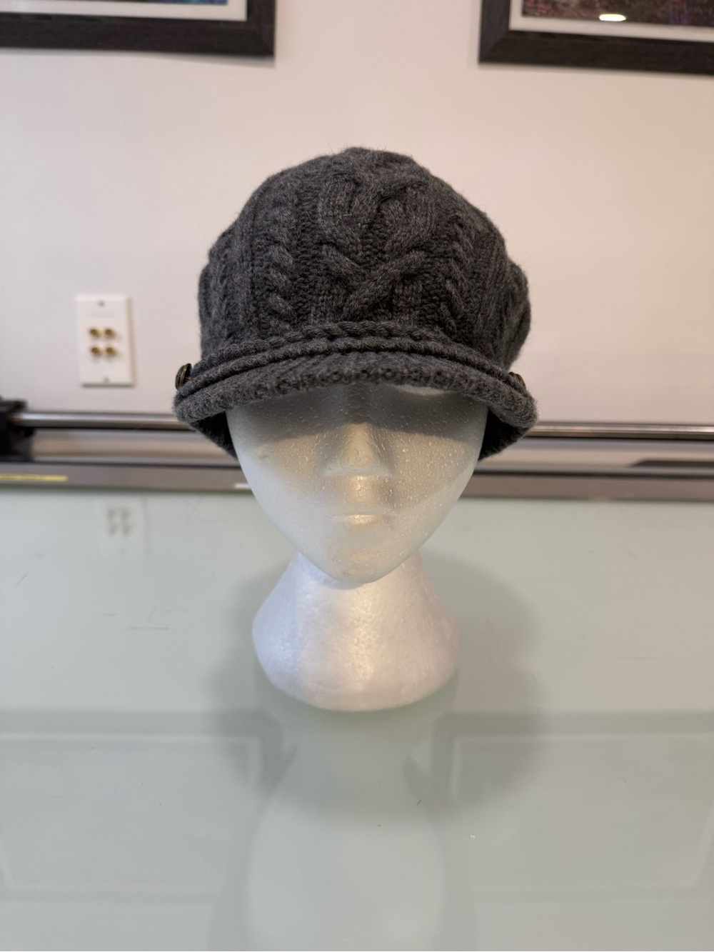Lauren Ralph Lauren 100% Wool Cable Knit Visor Beanie Newsboy Cap Dark Grey